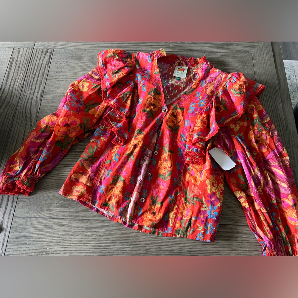 FARM Rio Red Orange Floral Ruffled V-Neck Blouse - Picture 7 of 7